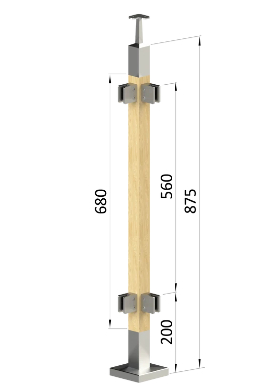 dřevěný sloup, vrchní kotvení, výplň: sklo, rohový, vrch pevný (40x40mm), materiál: buk, broušený povrch bez nátěru
