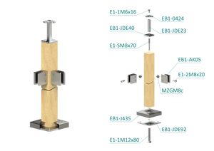 drevený stĺp, vrchné kotvenie, výplň: sklo, rohový: 90°, vrch pevný (40x40mm), materiál: buk, brúsený povrch bez náteru - slide 1