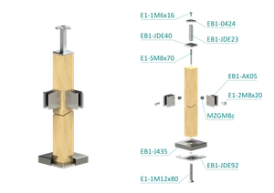 dřevěný sloup, vrchní kotvení, výplň: sklo, rohový: 90°, vrch pevný (40x40mm), materiál: buk, broušený povrch bez nátěru - slide 1