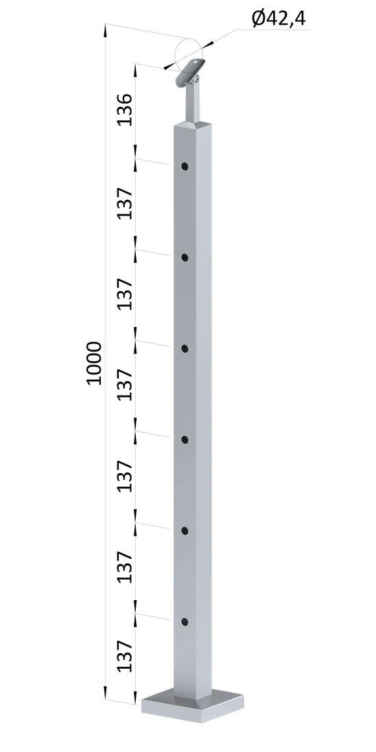 nerezový stĺp, vrchné kotvenie, 6 dierový priechodný, vrch nastaviteľný (40x40mm), brúsená nerez K320 /AISI304