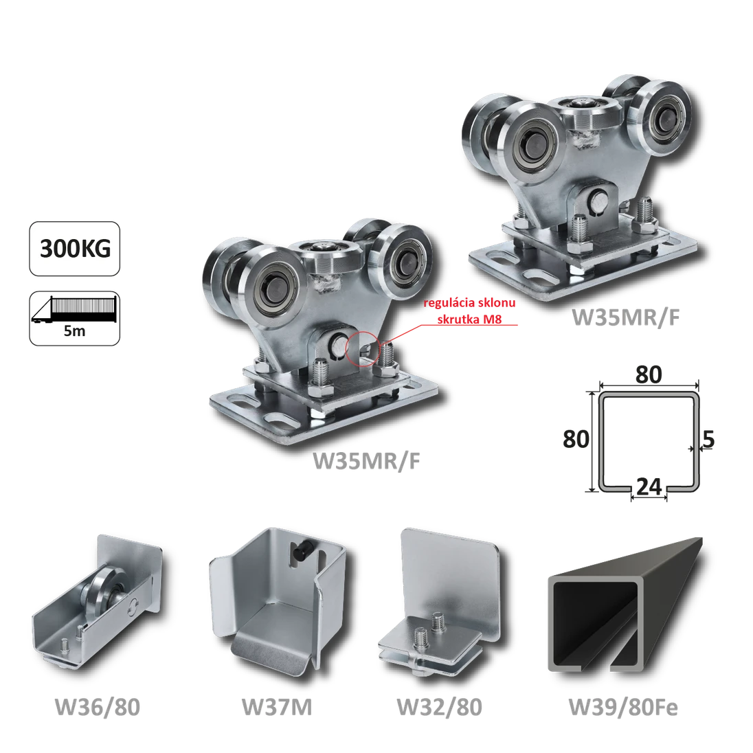 samonosný systém 80x80x5mm posuvnej brány do 300kg/5m otvor (W39/80Fe 6m čierný profil, 1x W-SET80/F)