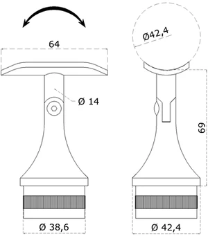 držiak madla s kĺbom na trubku ø 42.4mm (69x64mm), brúsená nerez K320 /AISI304 - slide 1