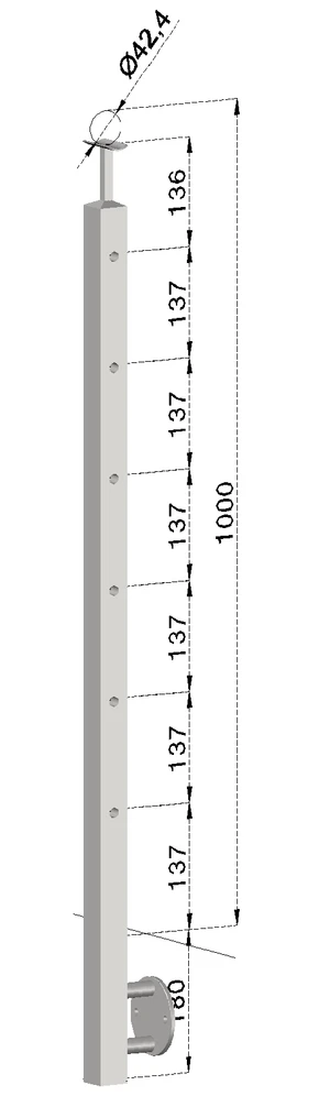 nerezový stĺp, bočné kotvenie, 6 dierový koncový, pravý, vrch pevný (40x40mm), brúsená nerez K320 /AISI304 - slide 0