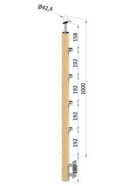 Dřevěný sloup, boční kotvení, 4 řadový, průchozí, vnitřní, vrch pevný (40x40 mm), materiál: buk, broušený povrch s nátěrem BORI (bezbarvý)
