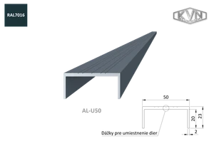 Hliníkový U profil 50x22x6000 mm s povrchovou úpravou, práškové lakování , ANTRACIT RAL7016, materiál EN AW-6060 T66, cena za KUS - slide 1