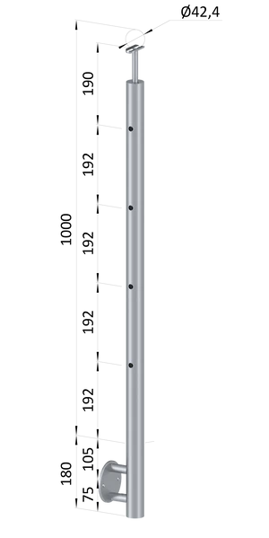 nerezový stĺp, bočné kotvenie, 4 dierový koncový, ľavý, vrch pevný (ø 42.4x2mm), brúsená nerez K320 /AISI316 - slide 0
