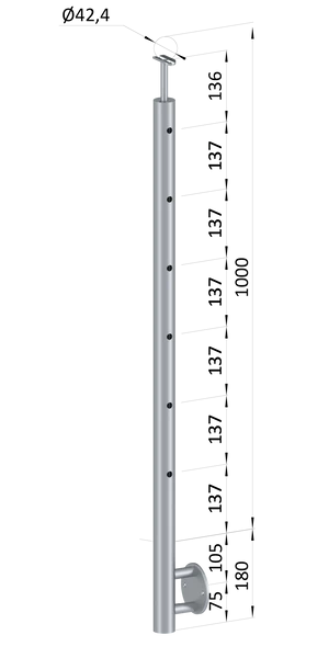 Nerezový sloup, boční kotvení, 6 děrový koncový, pravý, vrch pevný (ø 42,4x2 mm), broušená nerez K320 / AISI316 - slide 0