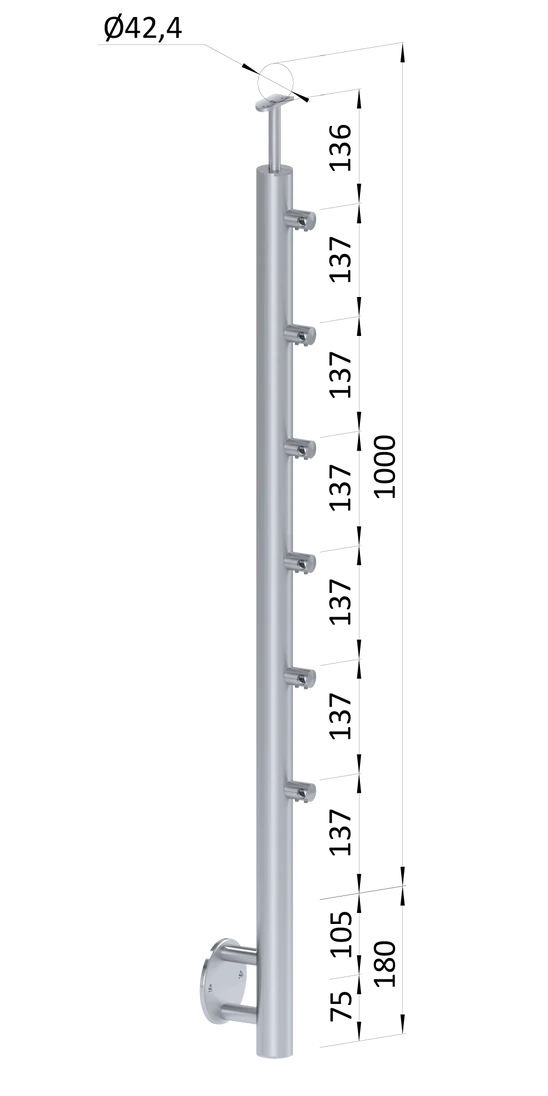 nerezový stĺp, bočné kotvenie, 6 radový priechodný, vonkajší, vrch pevný, (ø 42.4x2mm), brúsená nerez K320 /AISI304