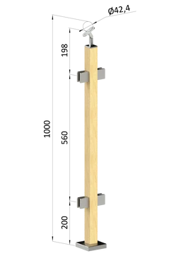 drevený stĺp, vrchné kotvenie, výplň: sklo, priechodný, vrch nastavit. (40x40mm), materiál: buk, brúsený povrch s náterom BORI (bezfarebný)