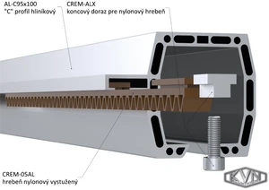 Hliníkový samonosný systém 95x100x11 mm pro posuvné brány do 150 kg / 6,5 m průjezdu (AL-C95x100-6, 2x W38M.AL, W36M.AL, 2x W32M.AL, W37/95, 12x CREM-05AL, 1 pár CREM-ALX) - slide 3