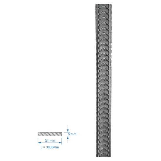 Plochá tyč vzorovaná 31x5mm, čierna S235, L-3000mm, Cena je uvedená za 3m kus.