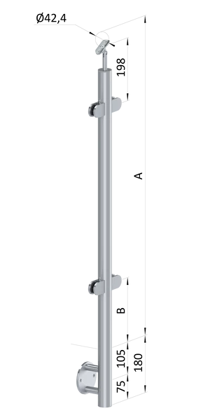 nerezový stĺp, bočné kotvenie, výplň: sklo, priechodný, vrch nastaviteľný (ø 42.4x2mm), leštená nerez /AISI304 - slide 0