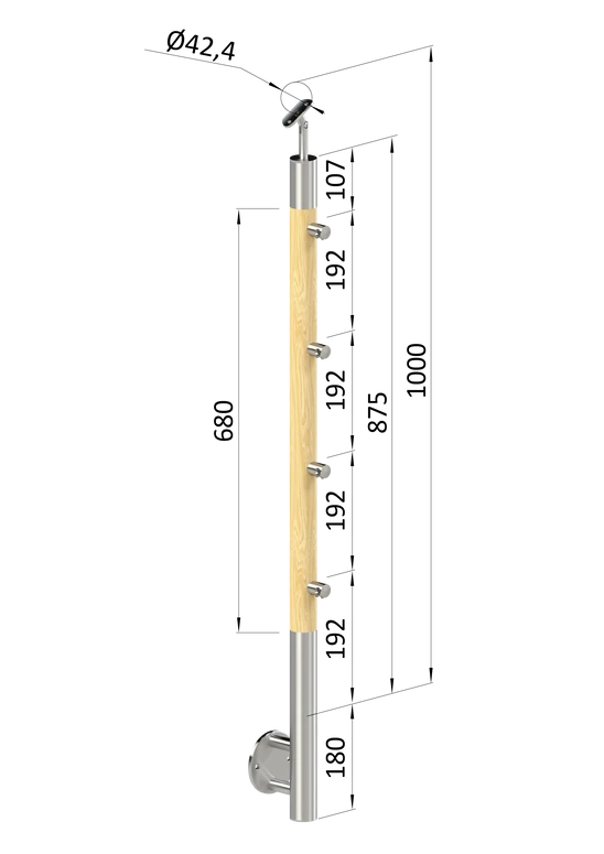 drevený stĺp, bočné kotvenie, 4 radový, priechodný, vonkajší, vrch nastaviteľný (ø 42mm), materiál: buk, brúsený povrch bez náteru