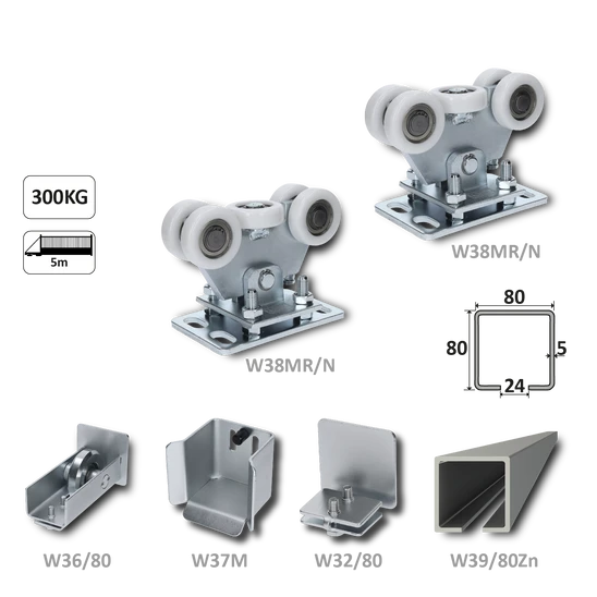 Samonosný systém 80x80x5 mm pro posuvné brány do 300 kg / 5 m průjezd (W39/80Zn 6 m pozinkovaný profil, 2x W35MR/N, 1x W36/80, 1x W37M, 1x W32/80)