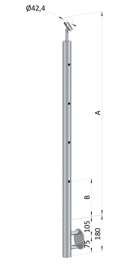 Nerezový sloup, boční kotvení, 4 děrový průchodný, vrch nastavitelný (ø 42,4x2 mm), broušená nerez K320 / AISI304