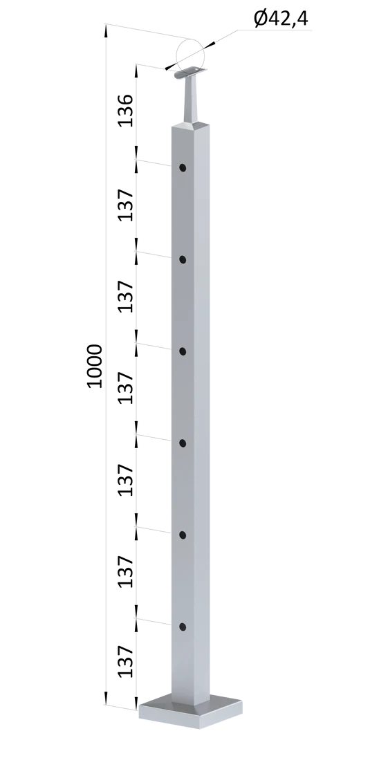 Nerezový sloup, vrchní kotvení, 6 děrový koncový, vrch pevný, (40x40 mm), broušená nerez K320 / AISI304