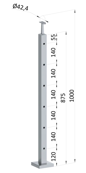 nerezový stĺp, vrchné kotvenie, 6 dierový priechodný, vrch pevný (40x40mm), brúsená nerez K320 /AISI304 - slide 0