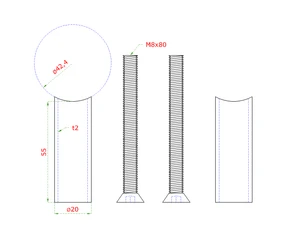 Prechod na vymedzenie vzdialenosti medzi stĺpom ø 42.4mm a kotviacou platňou, ø 20x2.0mm /L:55mm, vnút. skrutka: M8x80mm, brúsená nerez K320 /AISI304, bal: 2ks - slide 1