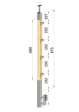 Dřevěný sloup, boční kotvení, 4 řadový, průchozí, vnitřní, vrch pevný (40x40 mm), materiál: buk, broušený povrch bez nátěru