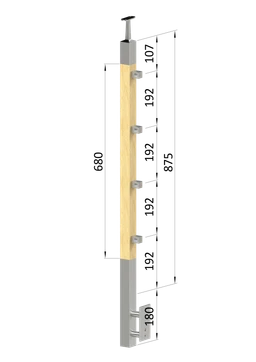 Dřevěný sloup, boční kotvení, 4 řadový, průchozí, vnitřní, vrch pevný (40x40 mm), materiál: buk, broušený povrch bez nátěru