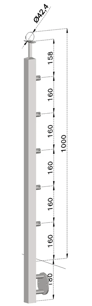 nerezový stĺp, bočné kotvenie, 5 radový priechodný, vnútorný, vrch pevný(40x40mm), brúsená nerez K320 /AISI304 - slide 0