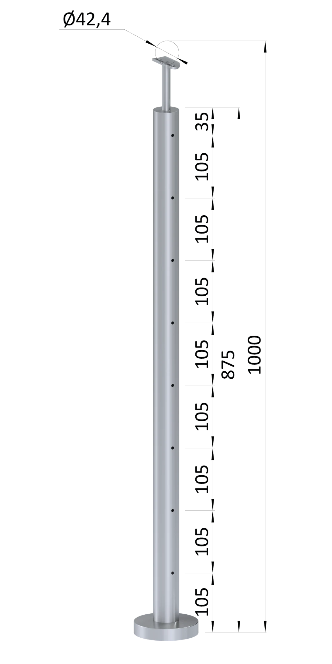 Nerezový sloup, vrchní kotvení, 8děrový, lanko, koncový