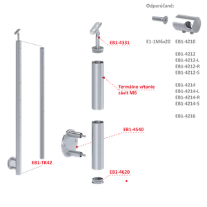 Nerezový sloup, boční kotvení, bez výplně, 6 řadový se závitem M6, vnější, vrch nastavitelný, (ø 42.4x2mm), broušená nerez K320 /AISI304 - slide 1