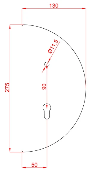 Štít 275x130x3mm s otvory, rozteč 90mm, otvor pro kliku ø 11,5mm, pravý, pro zámek ZM90/80 - slide 1