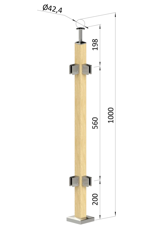 drevený stĺp, vrchné kotvenie, výplň: sklo, rohový: 90°, vrch pevný (40x40mm), materiál: buk, brúsený povrch bez náteru