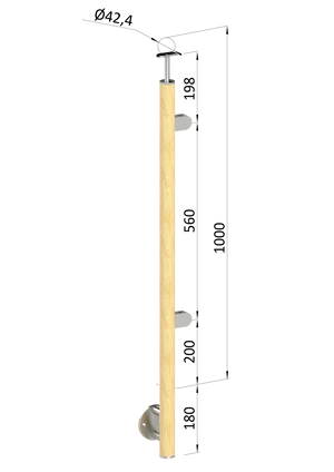drevený stĺp, bočné kotvenie, výplň: sklo, pravý, vrch pevný (ø 42mm), materiál: buk, brúsený povrch s náterom BORI (bezfarebný) - slide 0