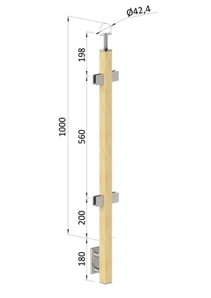 Dřevěný sloup, boční kotvení, výplň: sklo, průchozí, vrch pevný (40x40 mm), materiál: buk, broušený povrch bez nátěru - slide 0