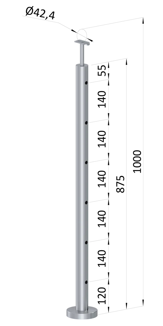 nerezový stĺp, vrchné kotvenie, 6 dierový, koncový, vrch pevný (ø 42.4x2mm), brúsená nerez K320 /AISI304