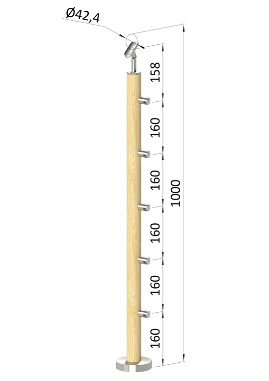 drevený stĺp, vrchné kotvenie, 5 radový, priechodný, vrch nastaviteľný (ø 42mm), materiál: buk, brúsený povrch bez náteru