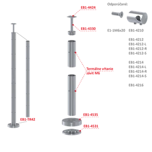 Nerezový sloup, vrchní kotvení, bez výplně, 6 řadový se závitem M6, rohový: 90°, vrch pevný (ø 42.4x2mm), broušená nerez K320 /AISI304 - slide 1