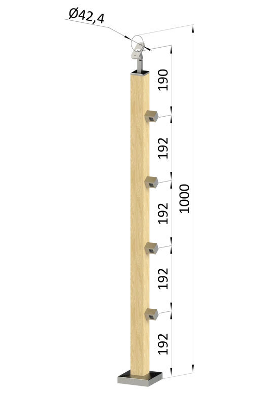 drevený stĺp, vrchné kotvenie, 4 radový, priechodný, vrch nastaviteľný (40x40mm), materiál: buk, brúsený povrch bez náteru