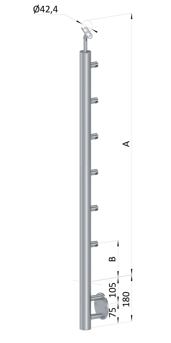 nerezový stĺp, bočné kotvenie, 6 radový priechodný, vnútorný, vrch nastaviteľný (ø 42.4x2mm), brúsená nerez K320 /AISI316