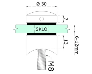 Svorka bodová (ø 30 mm / M8) na sklo 6-12 mm na trubku ø 42,4 mm, leštěná nerez / AISI304, balení obsahuje gumičky na sklo - slide 2