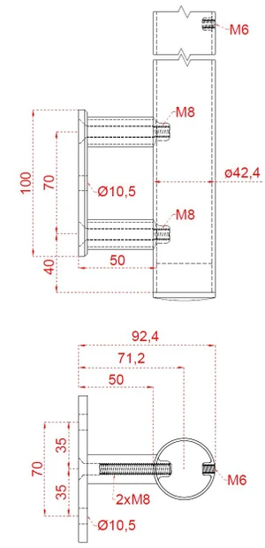 Nerezový sloup, boční kotvení, bez výplně, 4 řadový se závitem M6, vnější, vrch nastavitelný, (ø 42.4x2mm), broušená nerez K320 /AISI304 - slide 3