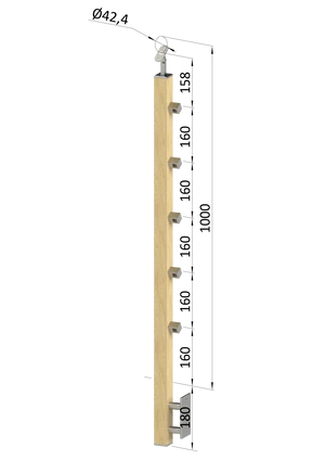 dřevěný sloup, boční kotvení, 5 řadový, průchozí, vnitřní, vrch nastavitelný (40x40mm), materiál: buk, broušený povrch s nátěrem BORI (bezbarvý) - slide 0