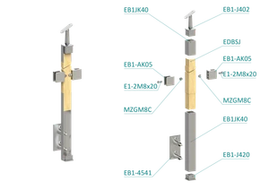 dřevěný sloup, boční kotvení, výplň: sklo, průchozí, vrch nastavitelný (40x40mm), materiál: buk, broušený povrch bez nátěru - slide 1