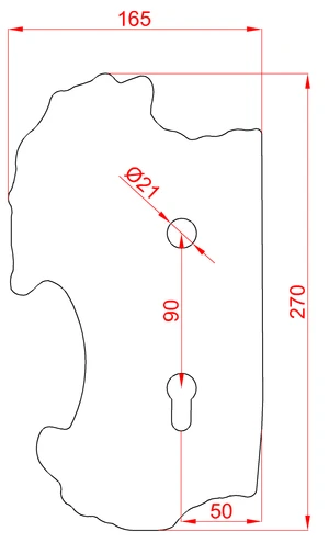 Štít 270x165x2mm s otvormi, rozteč 90mm, otvor na kľučku ø 21mm, zdobený, pravý, pre zámok ZM90/80 - slide 1