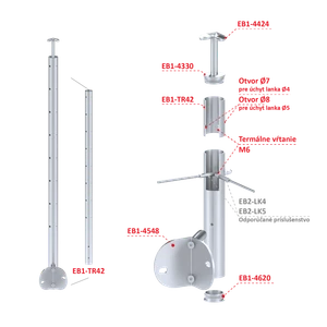 Nerezový sloup, boční kotvení rohové, 8 děrový na lanko, rohový: 90°, vrch pevný (ø 42.4x2mm), broušená nerez K320 /AISI304 - slide 2