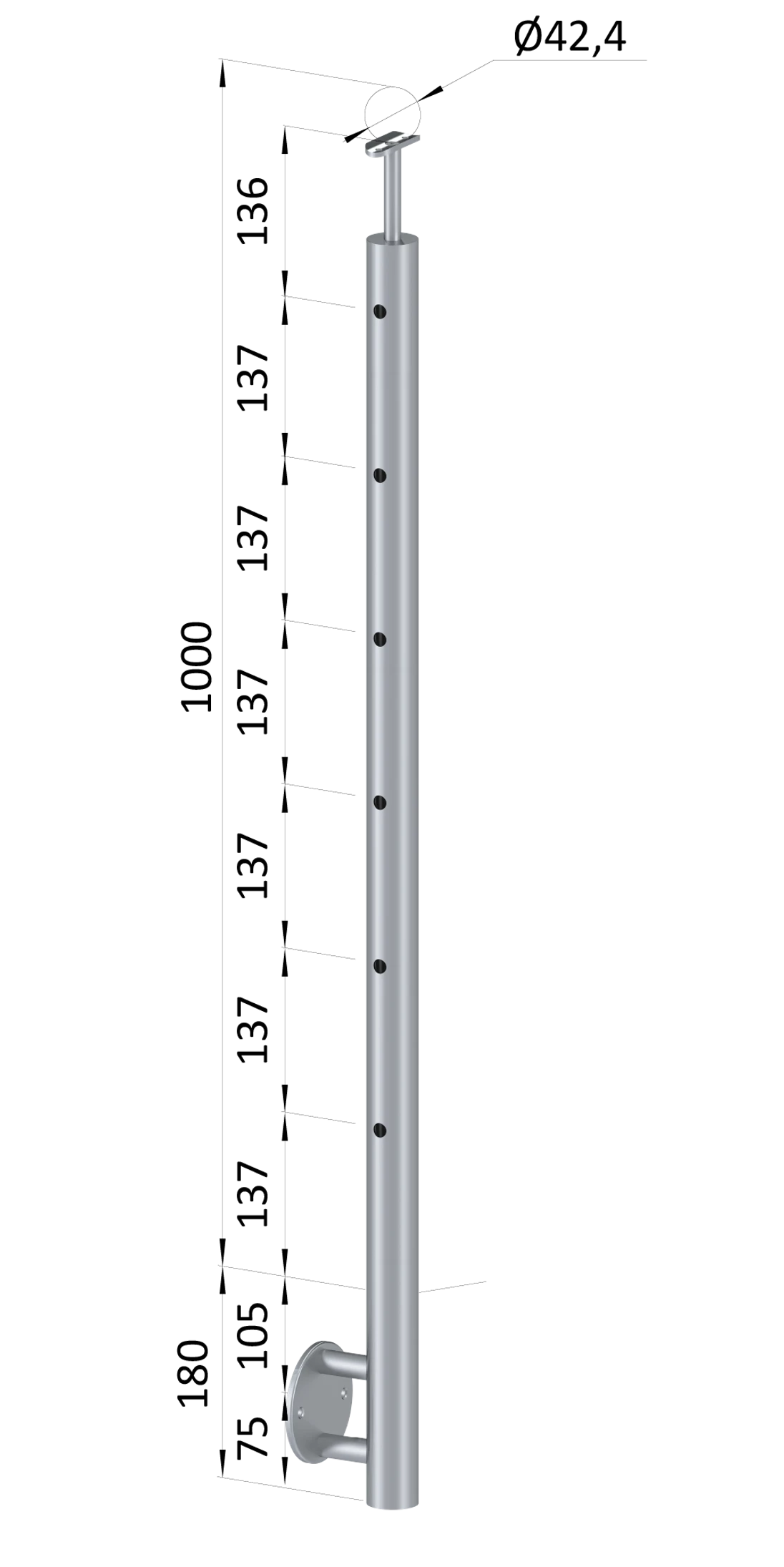 Nerezový sloup, boční kotvení, 6děrový koncový, levý