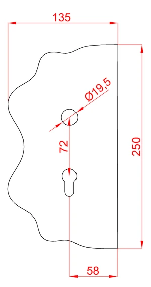 Štít 250x135x3mm s otvormi, rozteč 72mm, otvor pre kľučku ø 19,5mm, hladký, obojstranný (ľavý aj pravý), pre zámok ZMH331 - slide 1