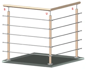 dřevěný sloup, vrchní kotvení, 5 řadový, rohový: 90°, vrch pevný (ø 42mm), materiál: buk, broušený povrch s nátěrem BORI (bezbarvý) - slide 1