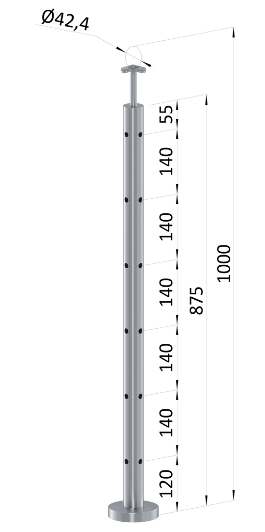 nerezový sloup, vrchní kotvení, 6 děrový, rohový: 90°, vrch pevný (ø 42.4x2mm), broušená nerez K320 /AISI304