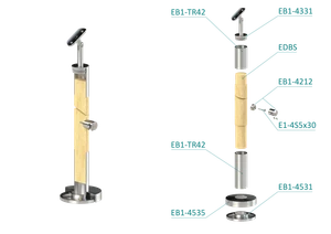 Dřevěný sloup, vrchní kotvení, 4 řadový, průchozí, vrch nastavitelný (ø42 mm), materiál: buk, broušený povrch s nátěrem BORI (bezbarvý) - slide 1