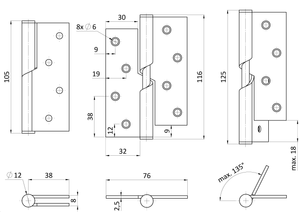 Pánty pridvihovacie (L), nosnosť 80 kg, brúsená AISI 304 - slide 2