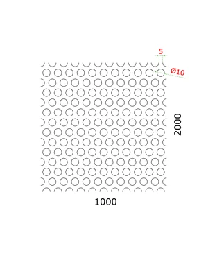 Dierovaný plech kruhový presadený Fe, otvor: ø 10mm, rozteč: 15mm, (1000x2000x1mm) - slide 1