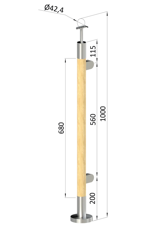 Dřevěný sloup, vrchní kotvení, výplň: sklo, pravý, vrch pevný (ø42 mm), materiál: buk, broušený povrch bez nátěru